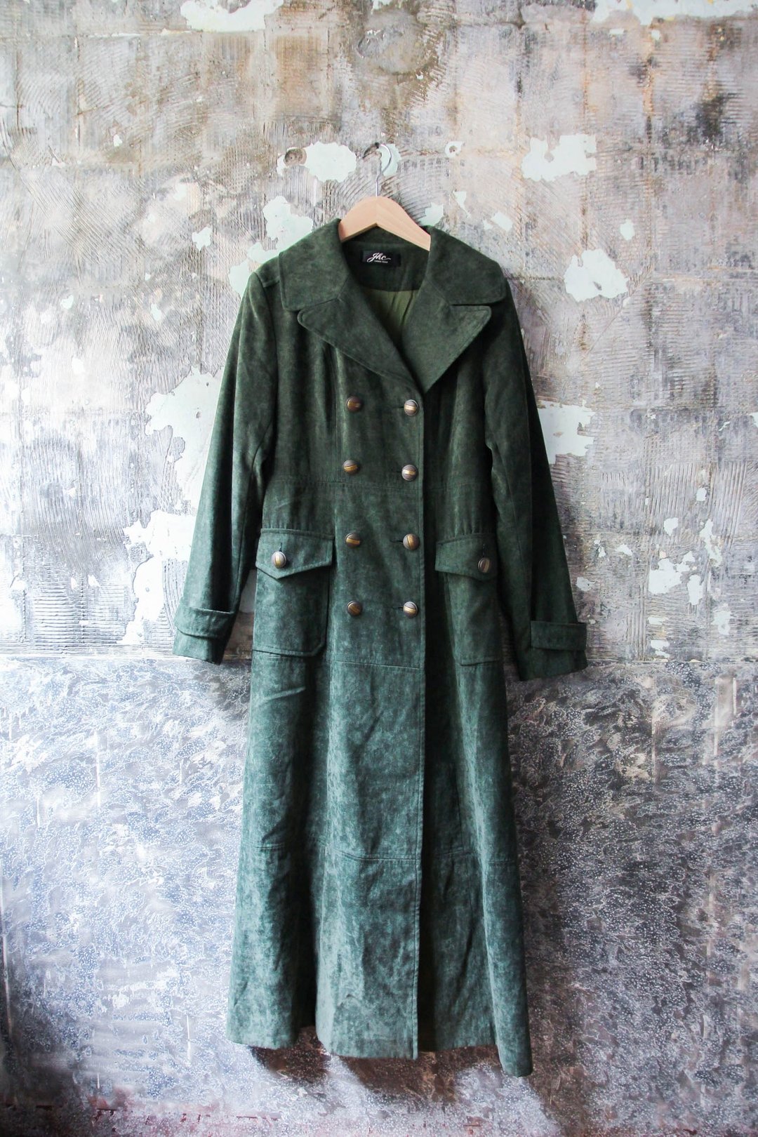 袅袅百货公司-Vintage 墨绿色翻领绒质双排扣外套 风衣大衣复古着 - 女装西装外套/风衣 - 其他材质 