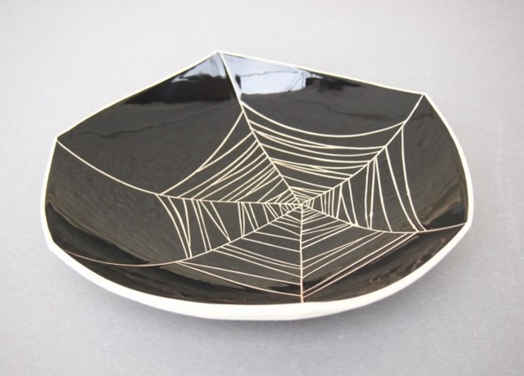 Dish (spider web) black plate (spider web) black - 花瓶/陶器 - 陶 黑色