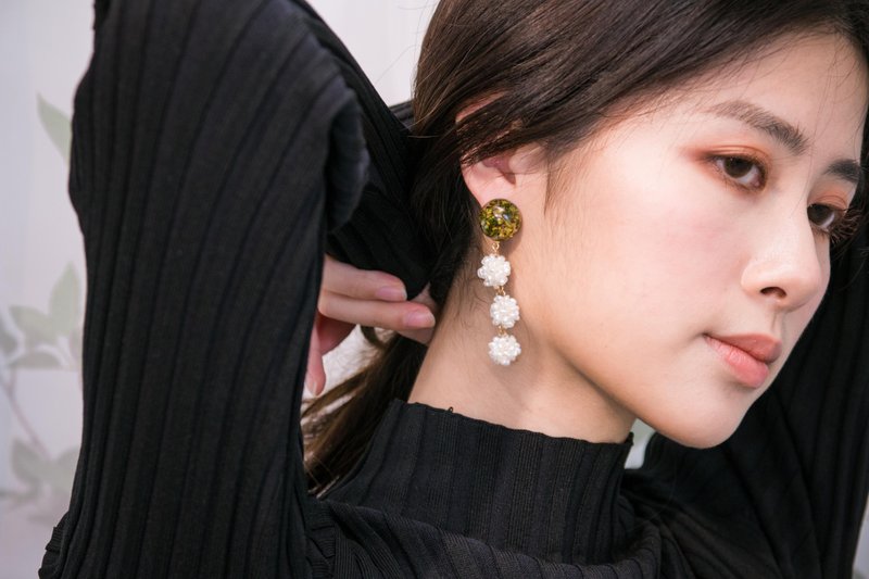 海洋系列_海草与珍珠 (大) 耳环 - 耳环/耳夹 - 珍珠 绿色