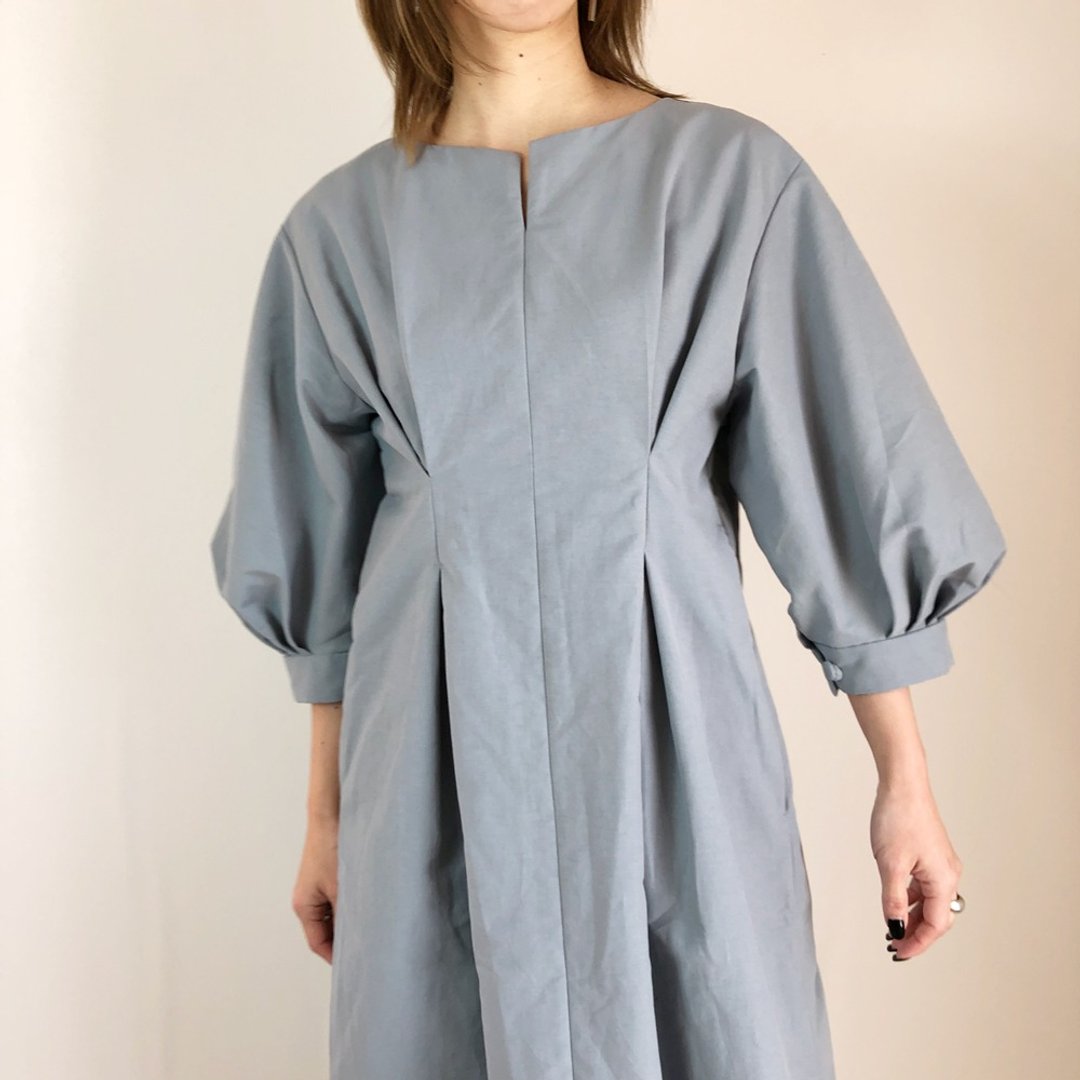 Puff sleeve slit neck dress - 洋装/连衣裙 - 棉 蓝色
