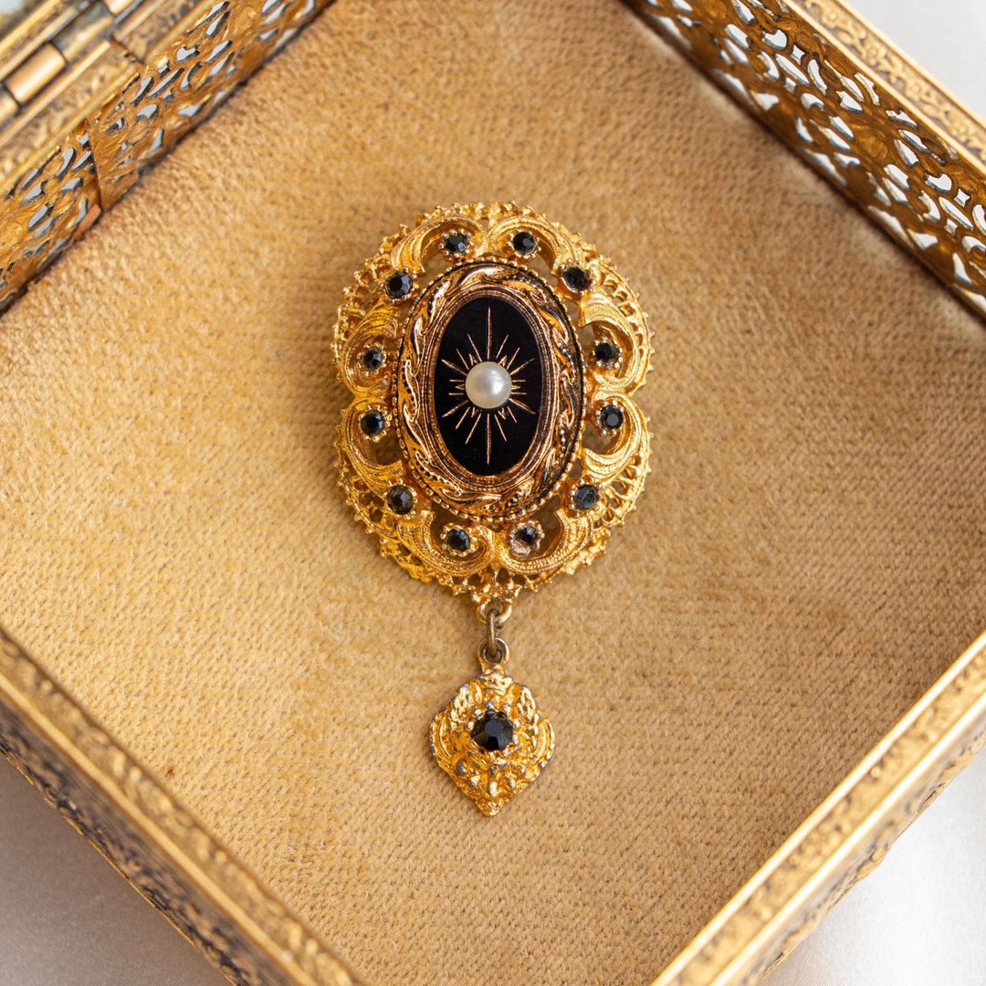 英国Sphinx品牌古董 Arabesque风格装饰 星芒仿珍珠 垂坠镀金胸针 - 胸针 - 其他金属 金色