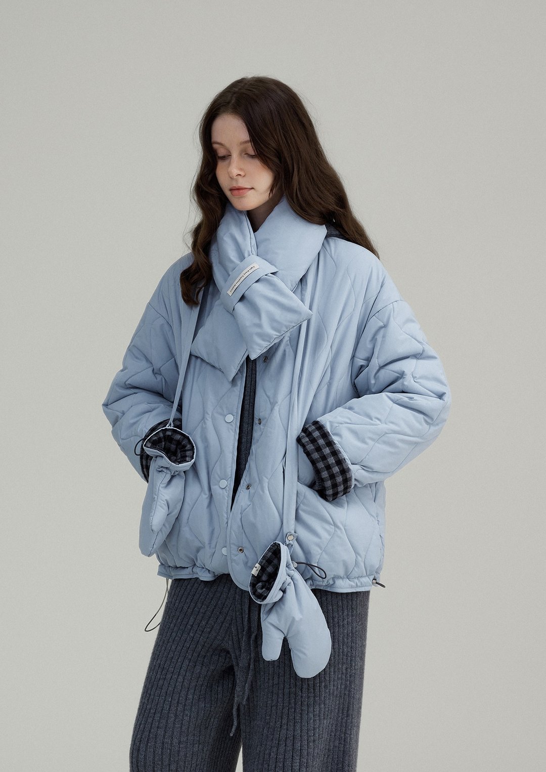 正反两穿 北欧复古格纹肌理感棉服 - 女装上衣 - 其他材质 蓝色