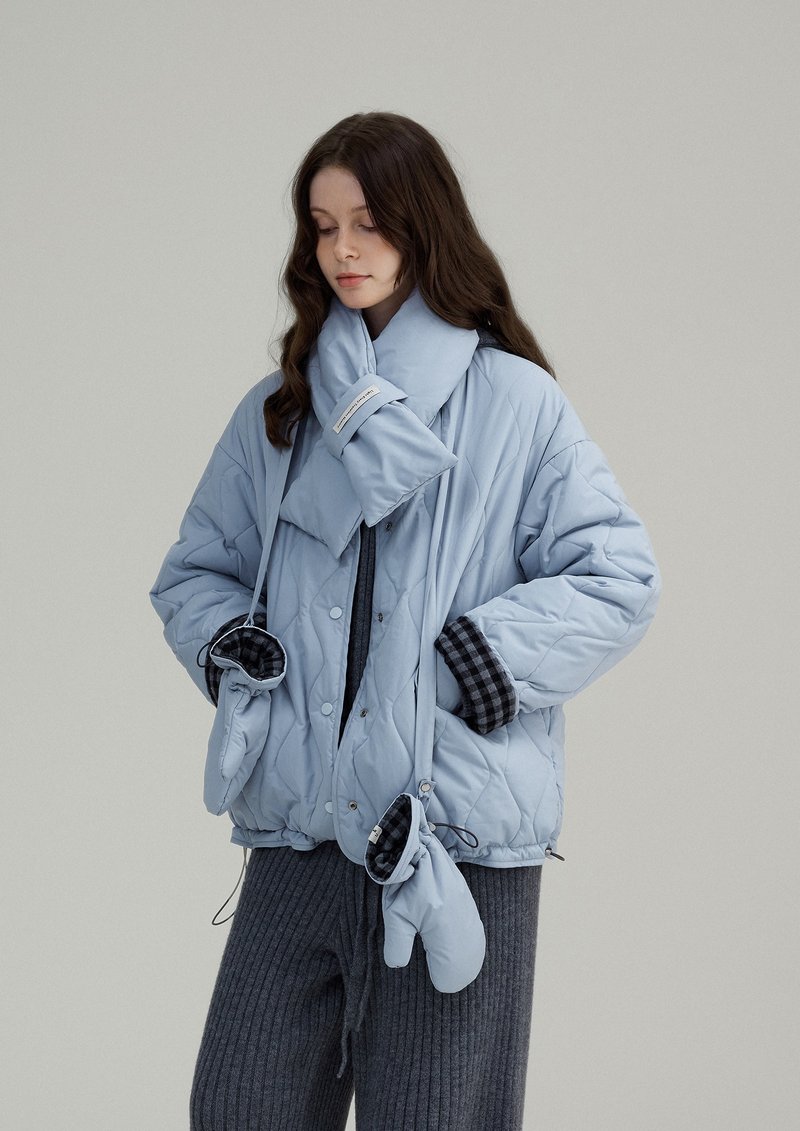 正反两穿 北欧复古格纹肌理感棉服 - 女装上衣 - 其他材质 蓝色
