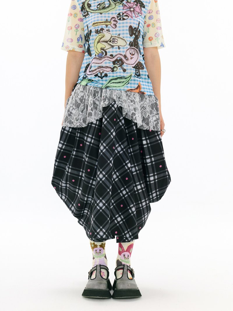 黑色格纹印花 拼接蕾丝 松紧腰大廓形半身裙 - 洋装/连衣裙 - 聚酯纤维 黑色