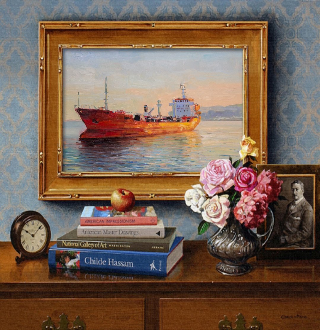 Cargo Ship Black Sea Original Oil Painting Landscape Wall Art Home Wall Decor - 海报/装饰画/版画 - 其他材质 蓝色