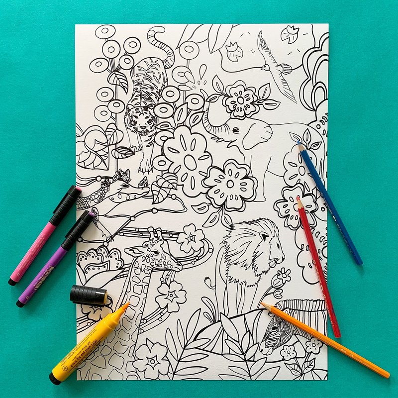 A3 Coloring Poster // Animal Illustration // Safari Park - 其他 - 纸 黑色