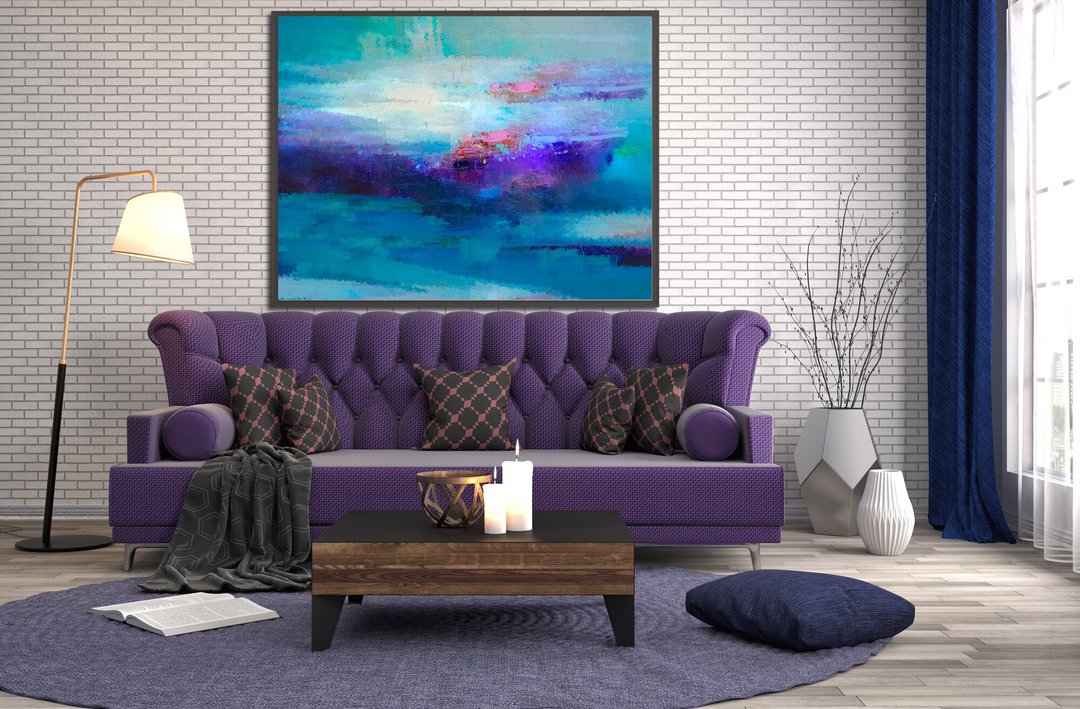 Astral Blue Abstract Original Oil Painting for Bedroom Modern Wall Decor - 海报/装饰画/版画 - 亚麻 蓝色