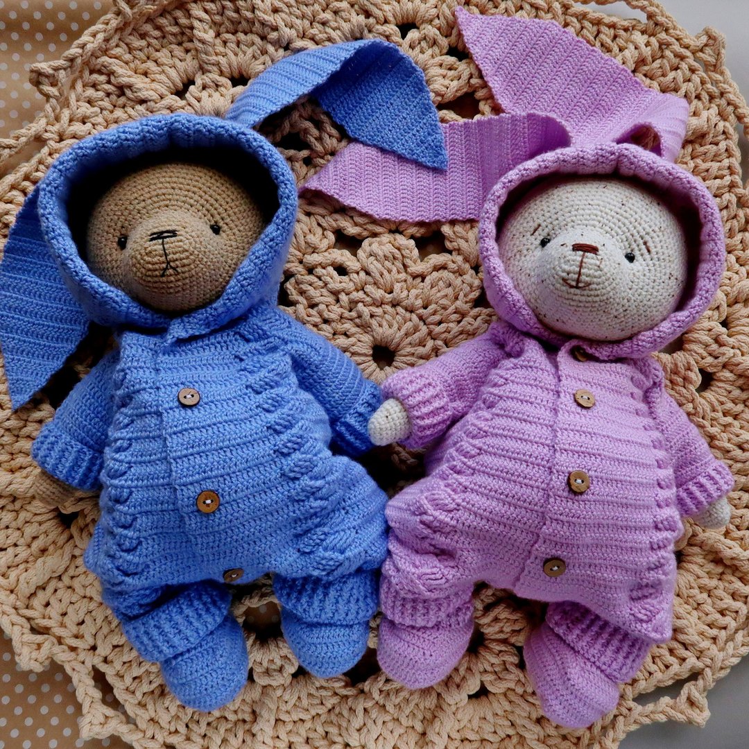 PATTERN Teddy Bears and Bunny Outfits crochet Romper and Booties. - 编织/刺绣/羊毛毡/裁缝 - 棉 多色