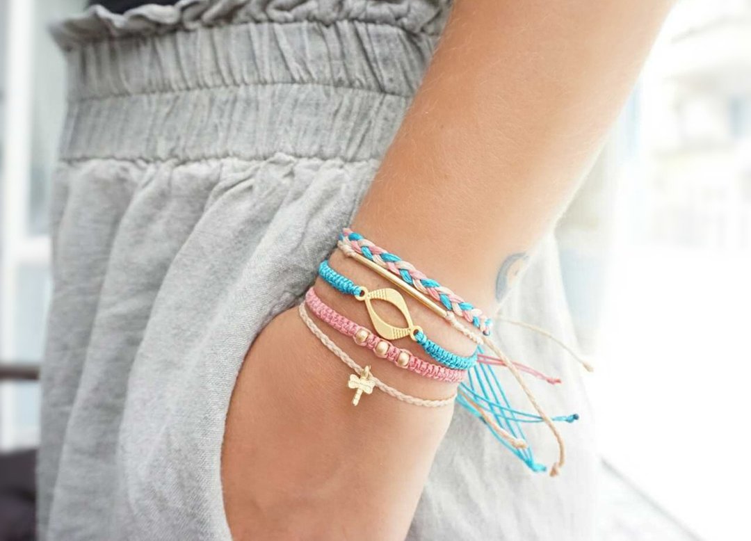 Boho Bracelet Set, Turquoise Pink and Beige Bracelets, Summer Fashion - 手链/手环 - 棉 蓝色