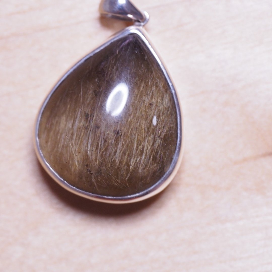 大颗 天然黄铜色 兔毛水晶 钛晶 手工 纯银项链 Rutile quartz - 项链 - 水晶 卡其色