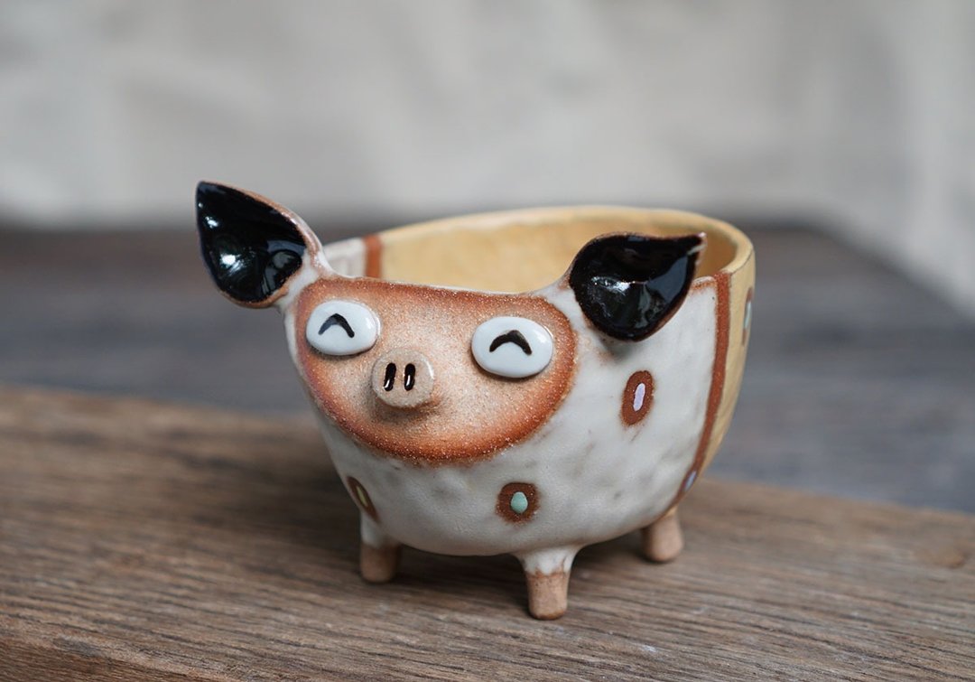 Pig pot , cactus , handmade ceramic , pottery - 花瓶/陶器 - 陶 粉红色