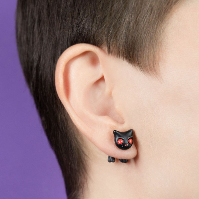飞蛾人猫咪耳环 – 送给猫奴的可爱饰品 – 手工艺术 - 耳环/耳夹 - 其他材质 黑色