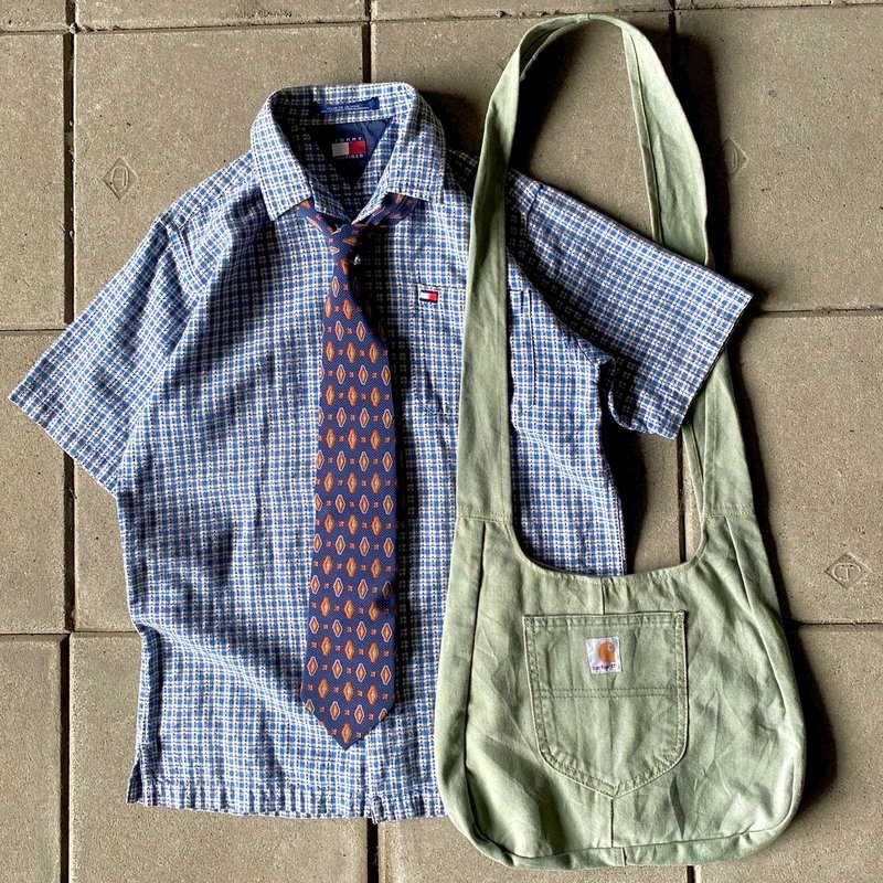 --两光师古着--Tommy蓝色格纹衬衫、领带、马鞍包 - 男装外套 - 其他材质 蓝色