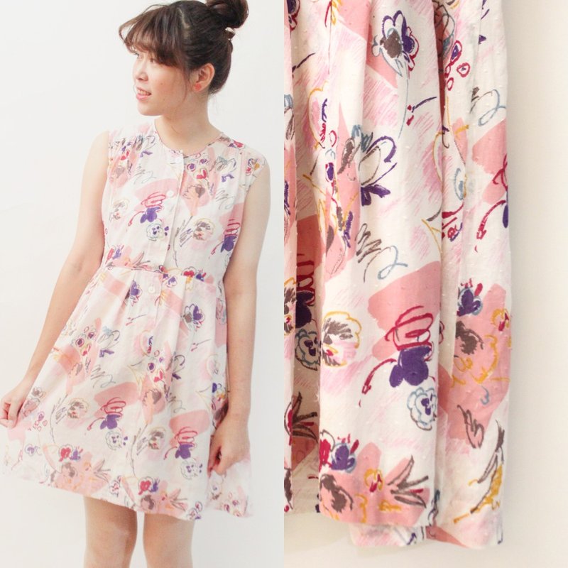 复古夏日可爱蜡笔涂鸦印花棉质淡粉色无袖古着洋装 - 洋装/连衣裙 - 棉．麻 粉红色