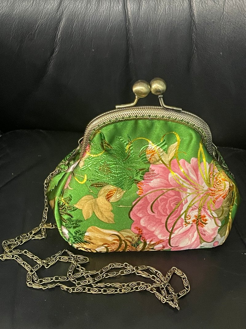 翠庭生华 复古金线织锦缎链条口金包 钱包 斜背小包 复古包 胖胖 - 零钱包 - 丝．绢 绿色