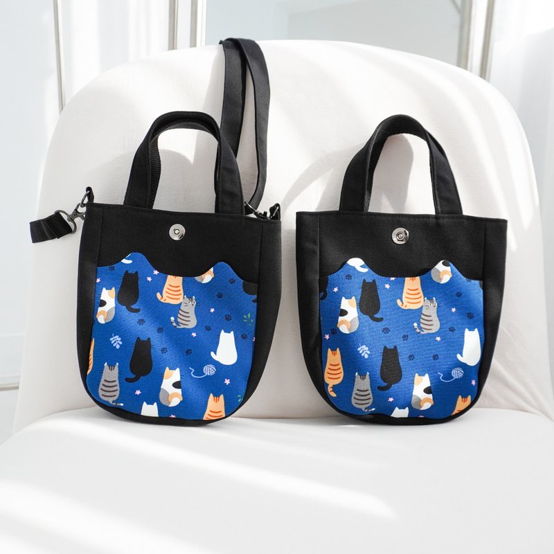 城墙上的猫咪两用包 (蓝色) - 手提包/手提袋 - 棉．麻 蓝色