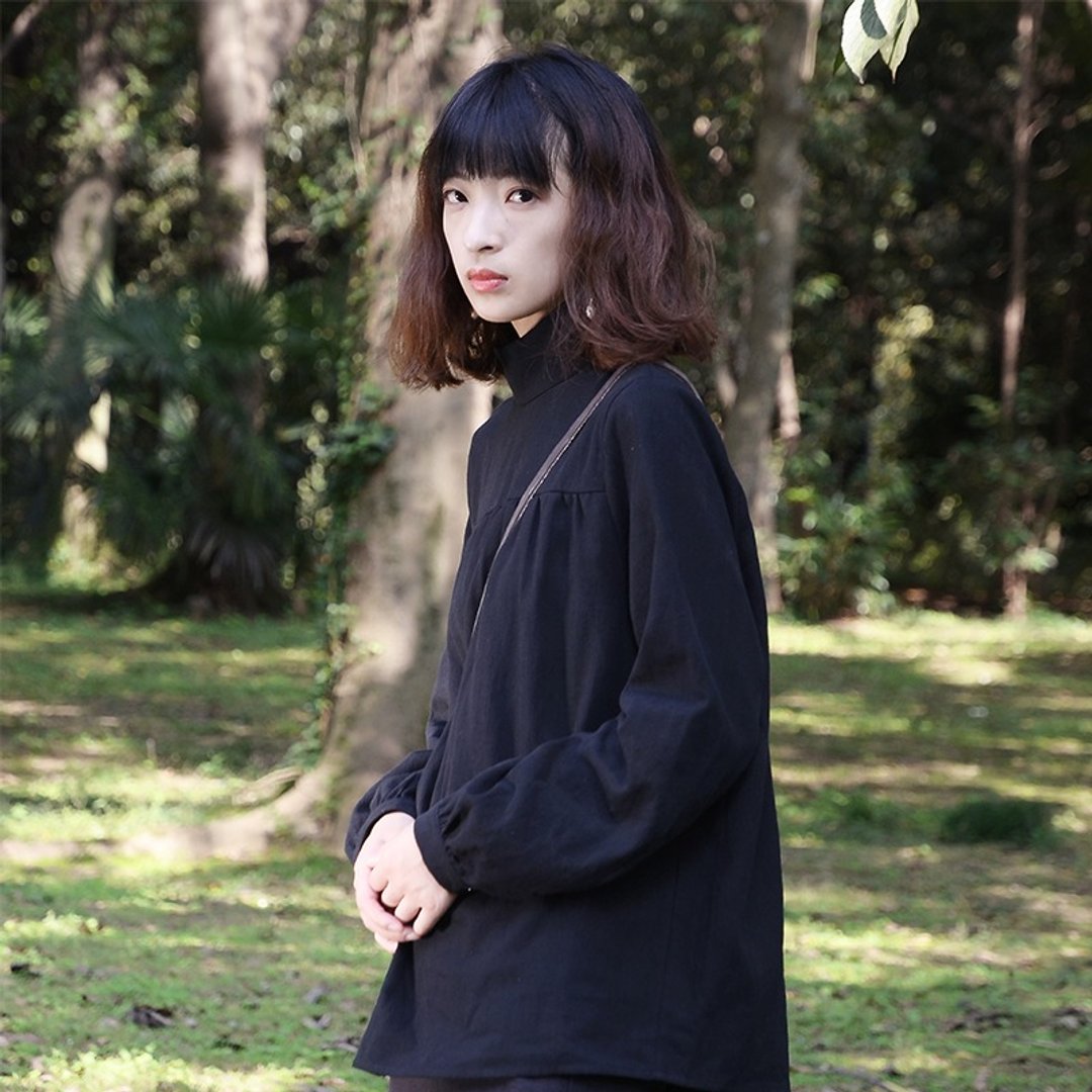 北欧风中长款高领上衣|上衣|棉麻混纺|独立品牌|Sora-65 - 女装上衣 - 棉 黑色
