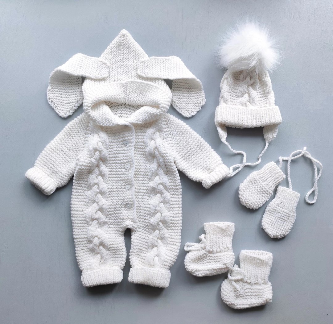 Knitting pattern for jumpsuit, cap, booties, mittens for baby 0-3, 3-6 months - Logo 设计/图案设计 - 其他材质 