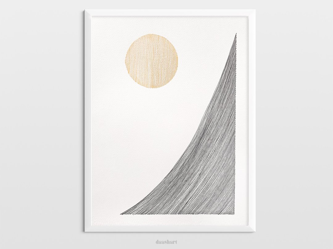 Original line drawing Gold rising sun wall art Black and white Abstract artwork - 海报/装饰画/版画 - 纸 黑色