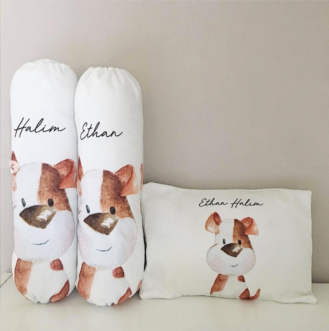 Jack Russel Personalized Baby Bolster and Pillow - 满月礼盒 - 棉 白色