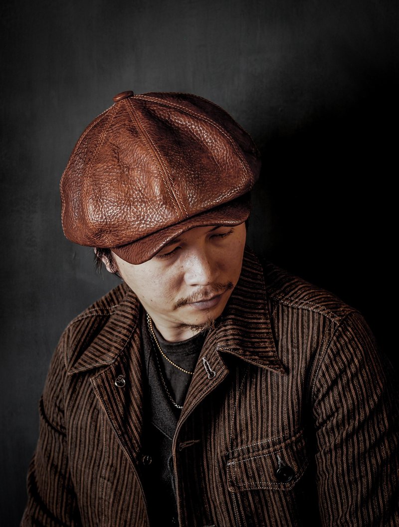 Full Veg-Tanned Leather Newsboy Cap 全植鞣皮革报童帽-咖 - 帽子 - 真皮 咖啡色