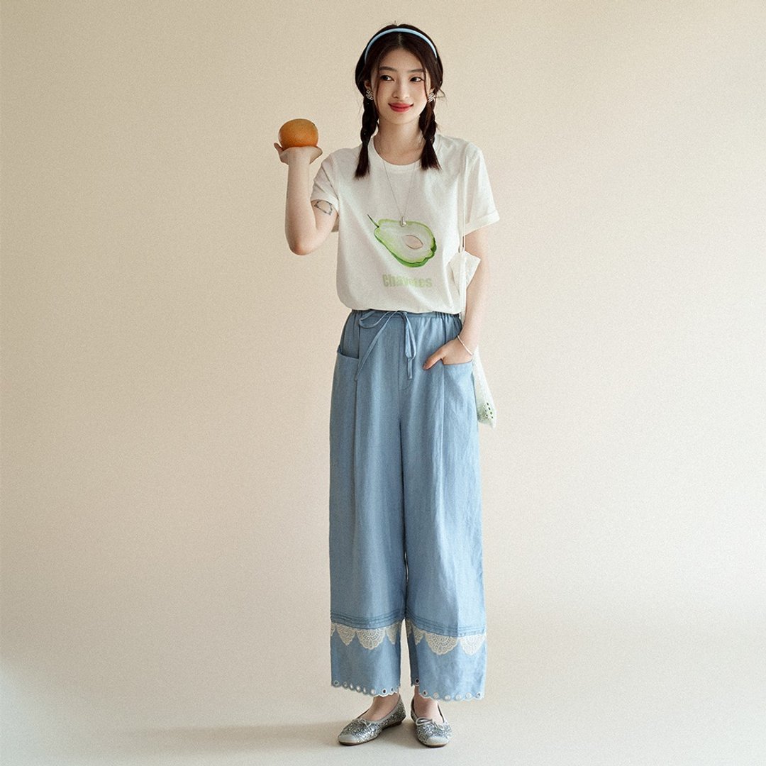 花边刺绣休闲裤|裤子|两色|夏款|Sora-1555 - 女装长裤 - 亚麻 多色
