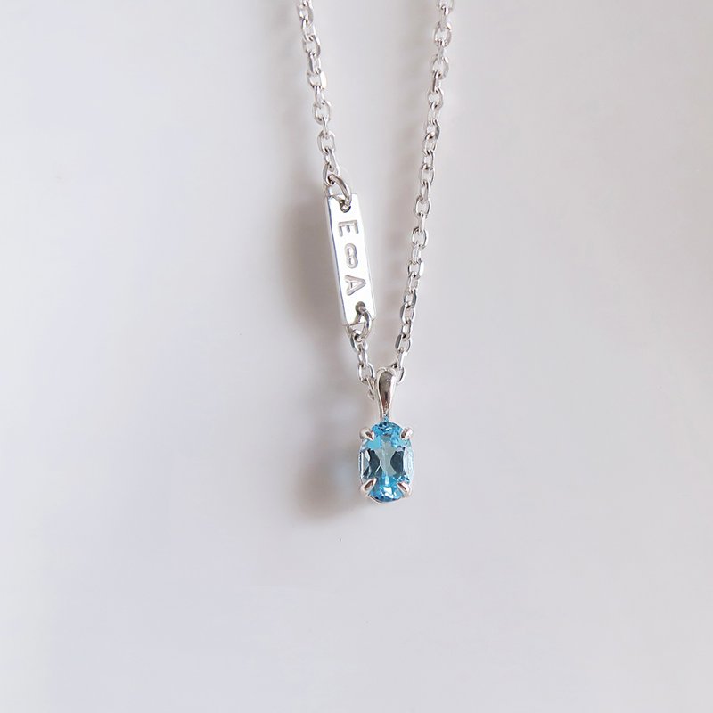 925纯银 拓帕石 天然石 椭圆链 定制化刻字 项链 锁骨链 长链 - 项链 - 纯银 蓝色