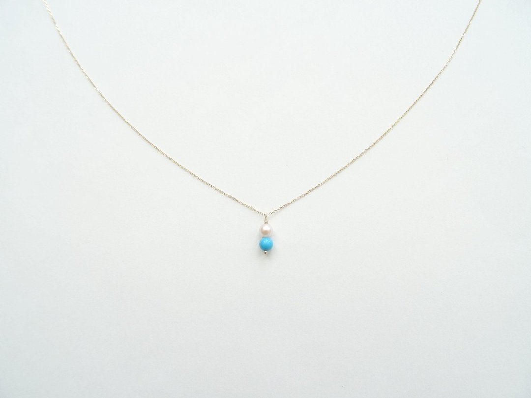 K18 Skin Jewelry ◆ 睡美人土耳其石 & Baby Akoya 珍珠小坠日本18K金可拆式极致裸感项链 (45 cm 可调长短) ◆ Solid Gold - 项链 - 宝石 金色