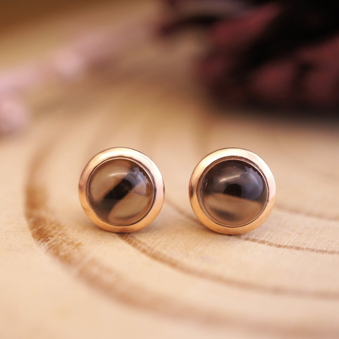 点点 6mm 圆形卜面 茶晶 纯银 电18K玫瑰金 耳针 耳环 - 耳环/耳夹 - 宝石 咖啡色