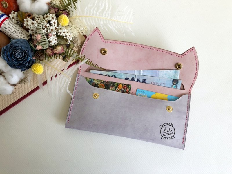 生日礼物 擦蜡粉红紫猫咪造型长夹  皮夹 皮革手工制作 - 皮夹/钱包 - 真皮 粉红色