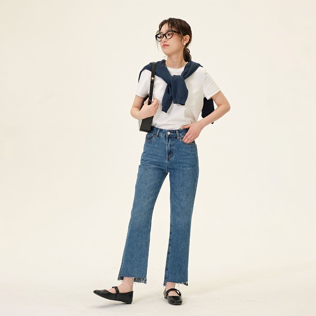 不规则毛边牛仔裤|裤子|春夏款|Sora-922 - 女装长裤 - 棉 蓝色