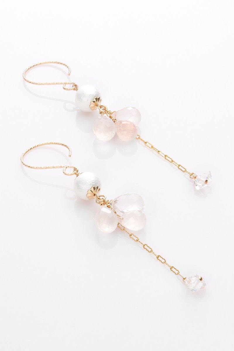 珍珠系列 - 玫和 - 富贵白棉珍珠 玫瑰石英 赫基蒙 14K GF耳环 - 耳环/耳夹 - 半宝石 白色