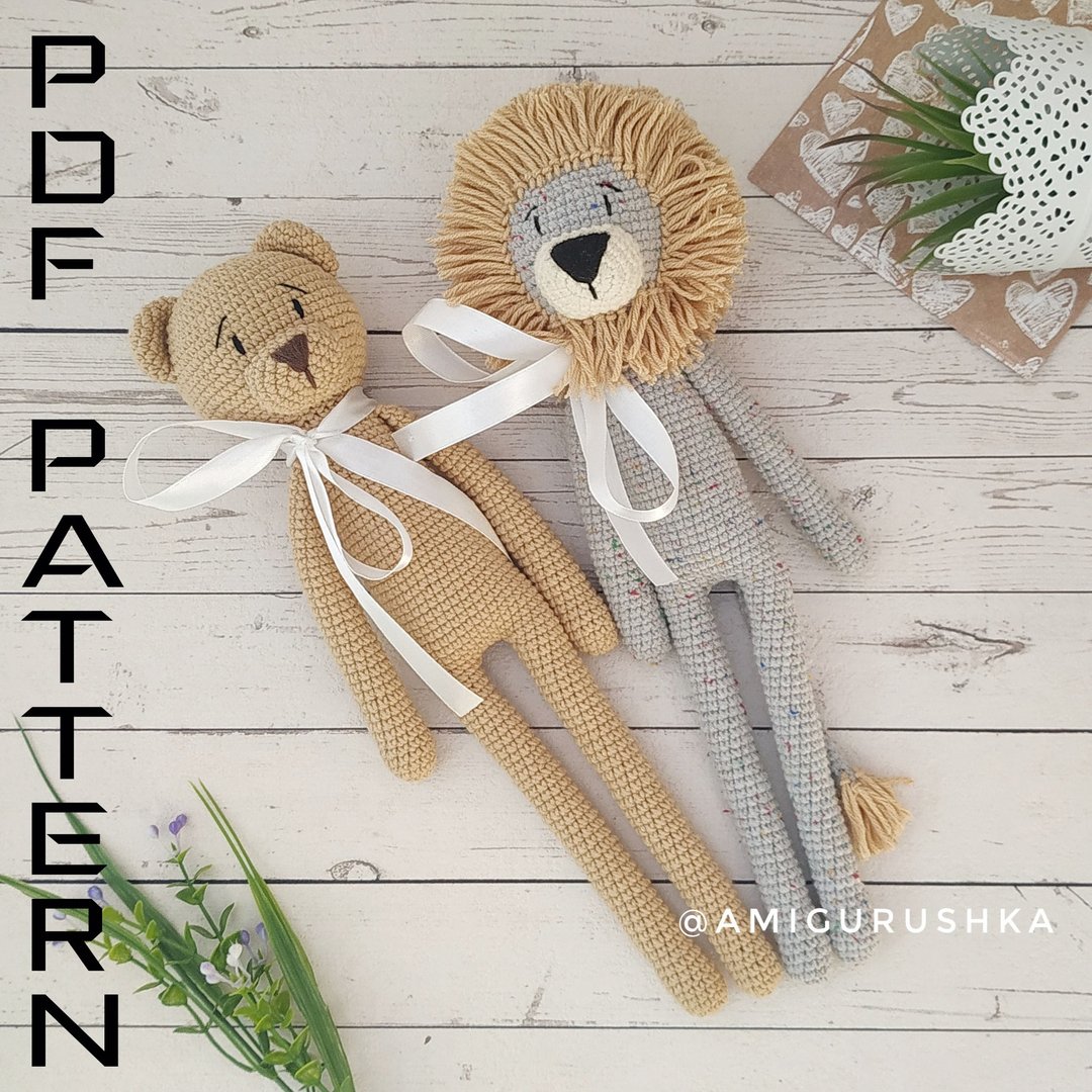 2in1 Amigurumi PATTERN mountain Lion and teddy Bear pattern for jungle baby - 编织/刺绣/羊毛毡/裁缝 - 其他材质 白色