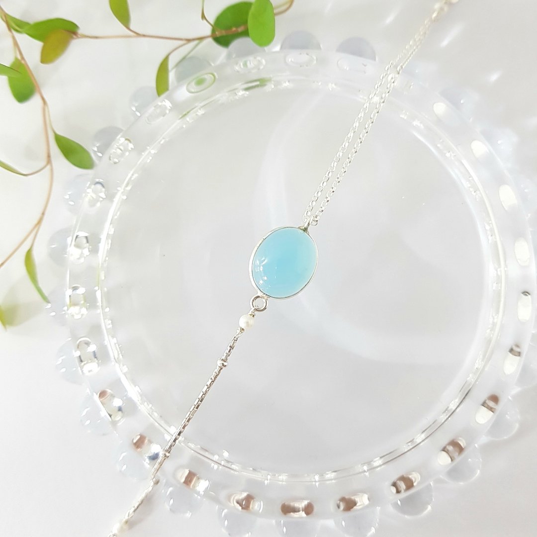 【ColorDay】3月诞生石-甜甜薄荷冰蓝玉髓纯银手链 / Blue Chalcedony / ブルーカルセドニー - 手链/手环 - 宝石 蓝色