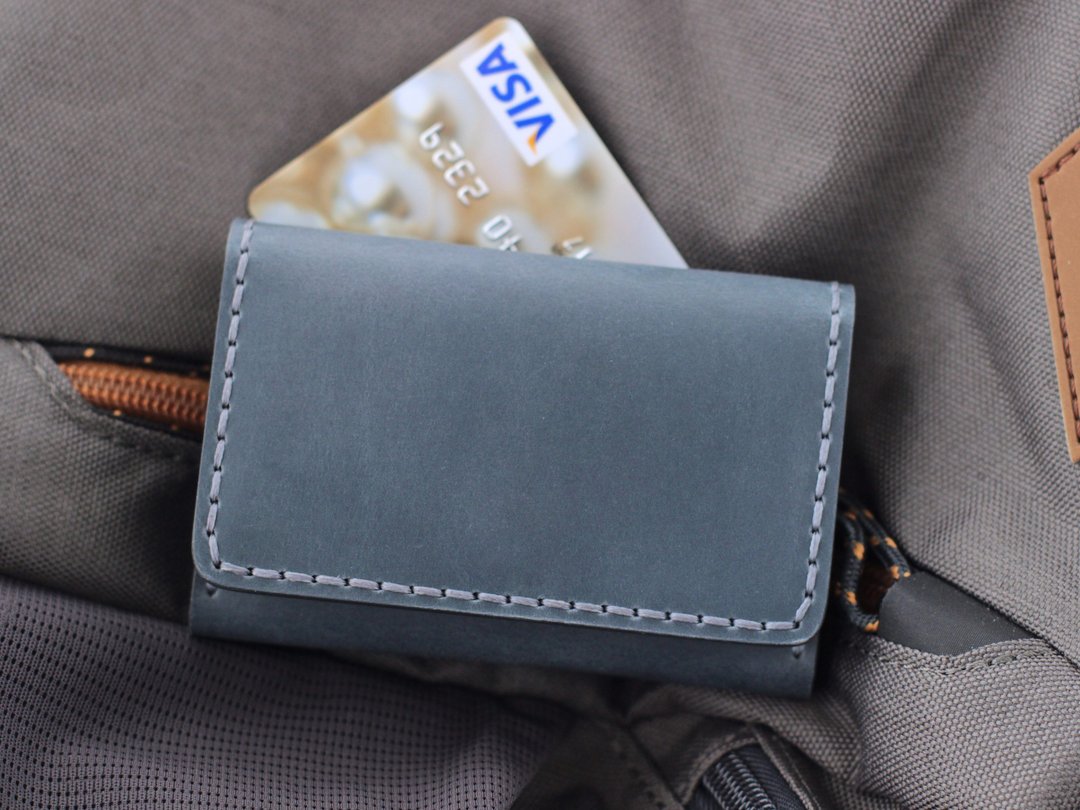 Small Personalized Card Holder Wallet, Blue Leather Cash Case - 名片夹/名片盒 - 真皮 蓝色