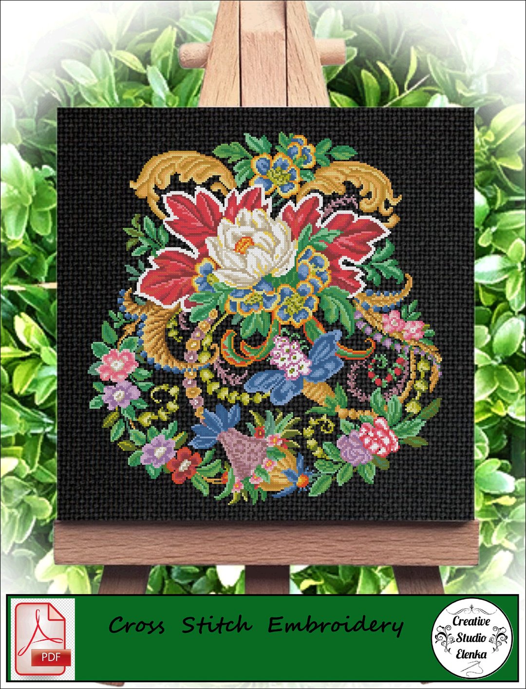 Vintage Cross Stitch Scheme Pattern with Lotus  - PDF Embroidery Scheme - 编织/刺绣/羊毛毡/裁缝 - 其他材质 