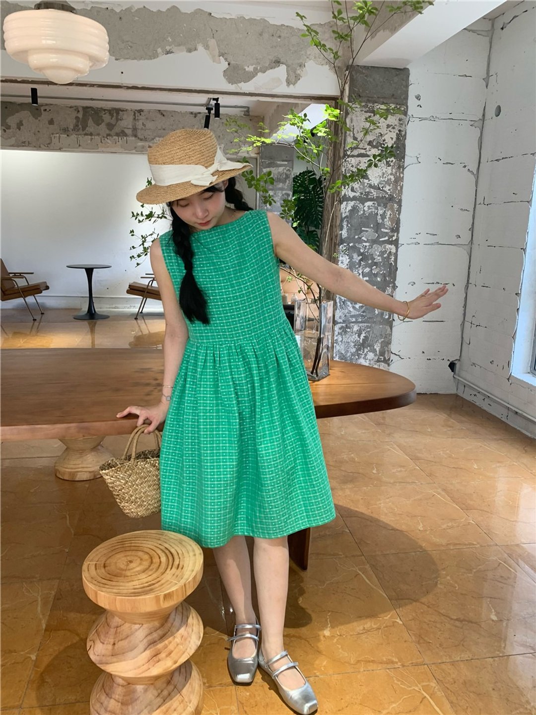 一字肩 连衣裙 显白无袖高腰  少女清新宽松  小个子  洋装 小众 - 洋装/连衣裙 - 棉 绿色