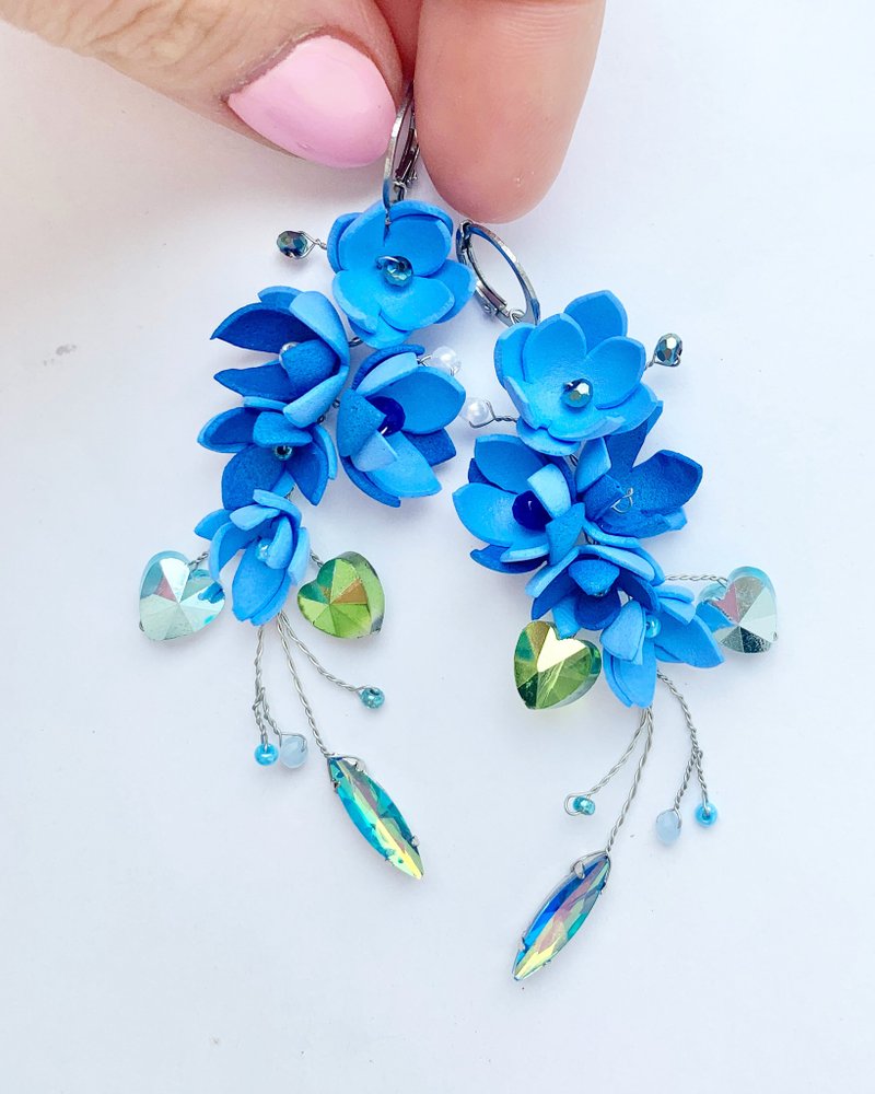 新娘水晶串珠蓝绿色flovers羽毛美丽的婚礼耳环 - 耳环/耳夹 - 其他材质 蓝色