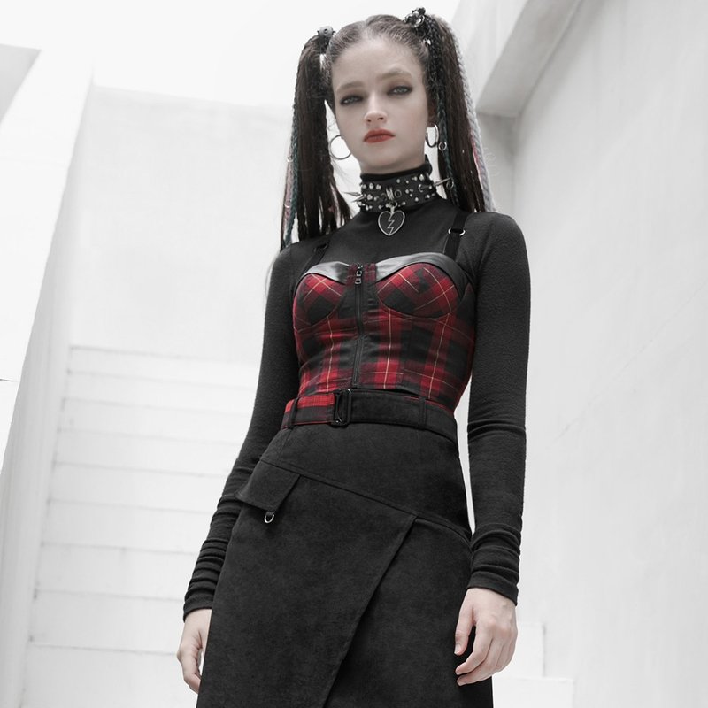 高地女巫格纹胸杯吊带背心 / *添加大尺码* / 弹性腰围 - 女装背心 - 其他材质 红色
