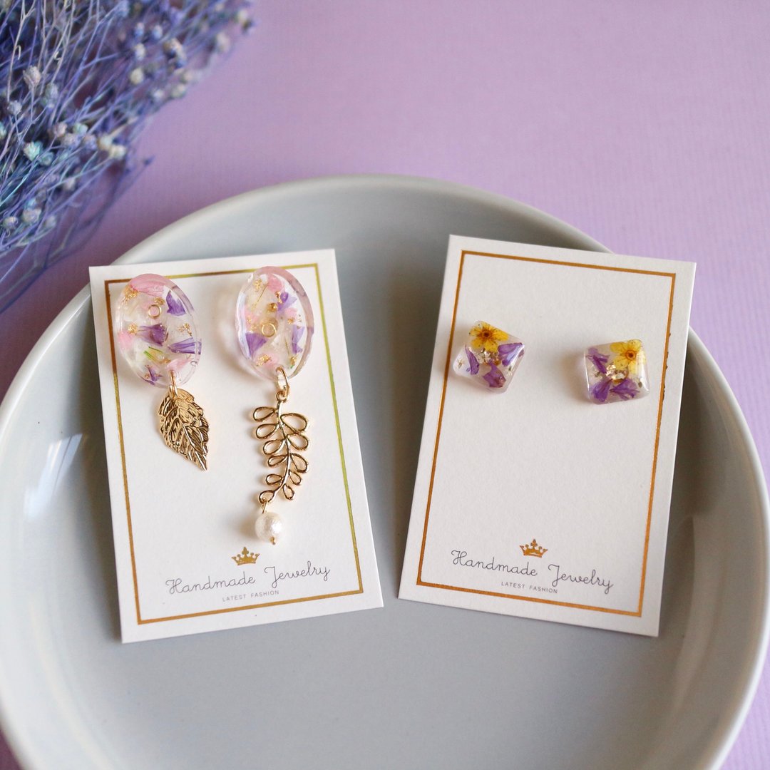 梦幻紫色 永生花干燥花 耳环 不对称设计勿忘我 干花朵耳环 - 耳环/耳夹 - 植物．花 紫色