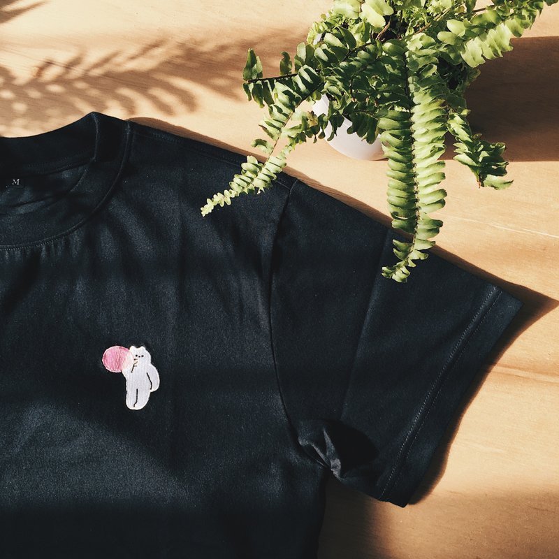 刺绣短Tee - 吹泡泡Shadow熊 - 男装上衣/T 恤 - 棉．麻 黑色