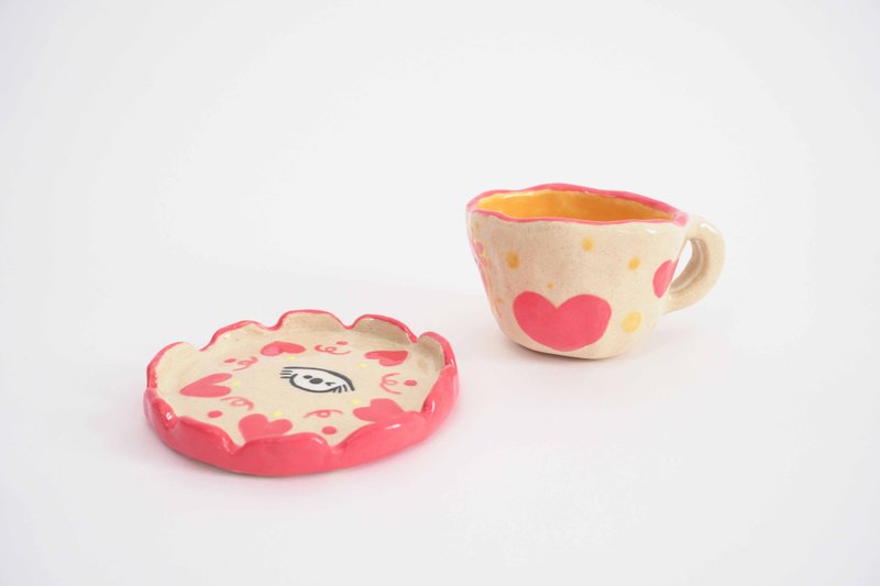 陶艺手作 浓缩咖啡 杯盘组 - 咖啡杯/马克杯 - 陶 粉红色