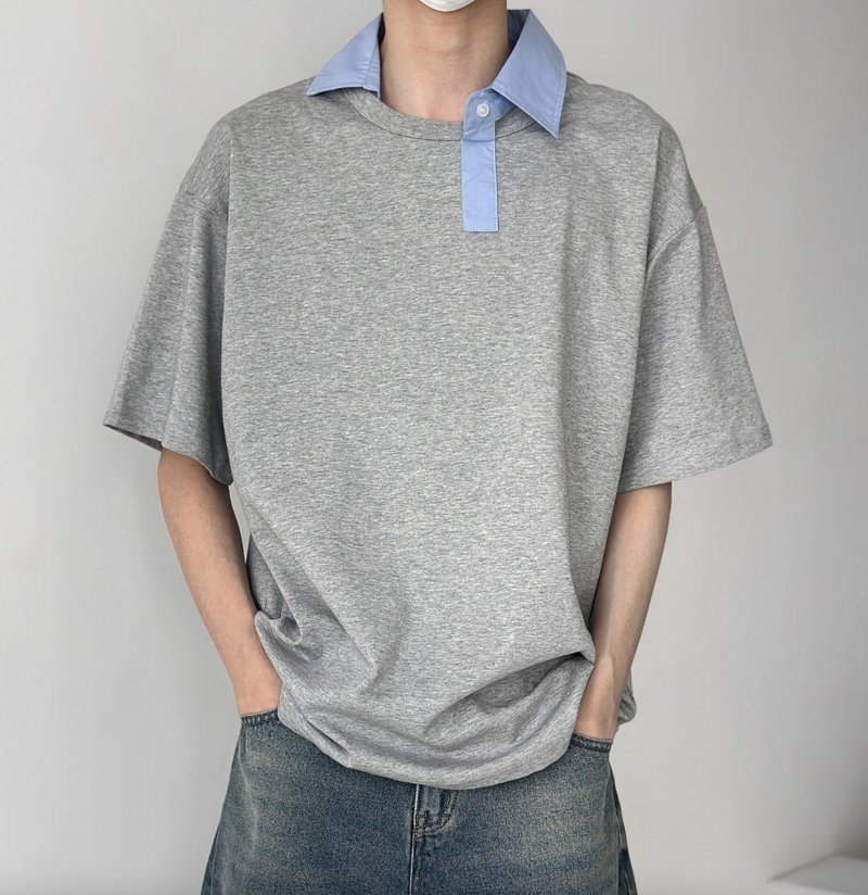 极简不对称 拼接领短袖T恤 - 男装上衣/T 恤 - 其他材质 灰色