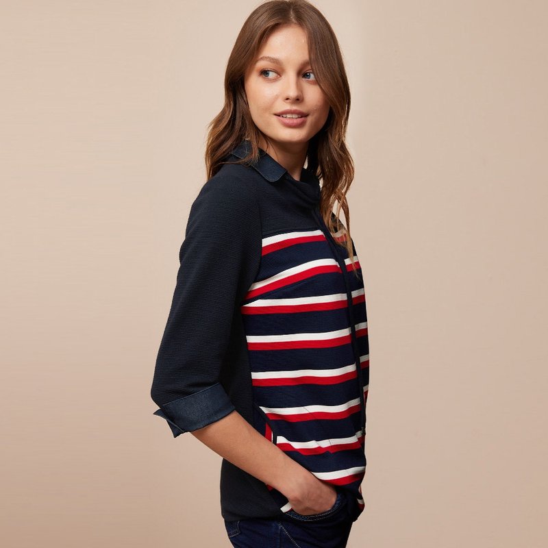 ILEY伊蕾 经典修身条纹拼接绑结衬衫领上衣(深蓝)1214011056 - 女装上衣 - 聚酯纤维 