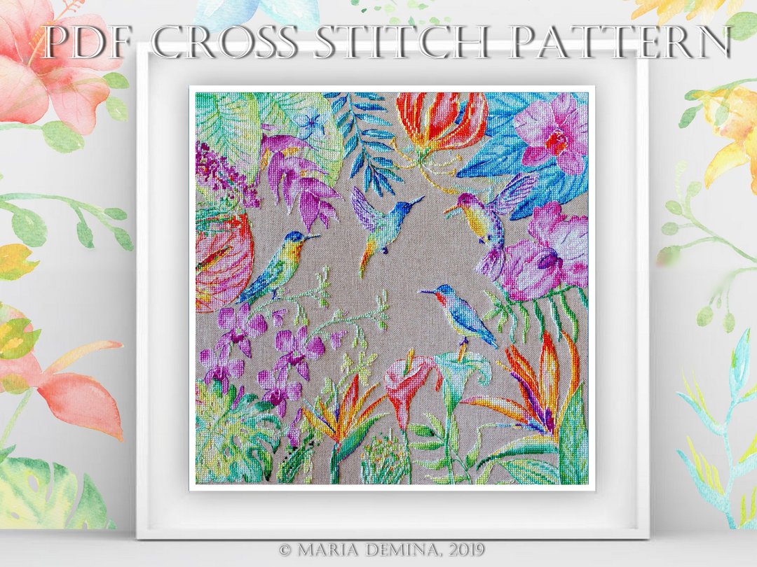 Watercolor Tropical Paradise PDF cross stitch pattern / pillow cover 鸟花十字绣 - 手工艺教程/工具书 - 其他材质 