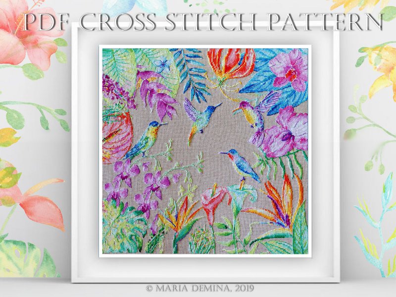 Watercolor Tropical Paradise PDF cross stitch pattern / pillow cover 鸟花十字绣 - 手工艺教程/工具书 - 其他材质 