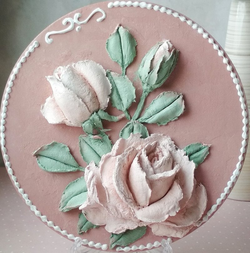 Round small painting with pink roses Floral painting gift Roses wall decor - 墙贴/壁贴 - 其他材质 蓝色