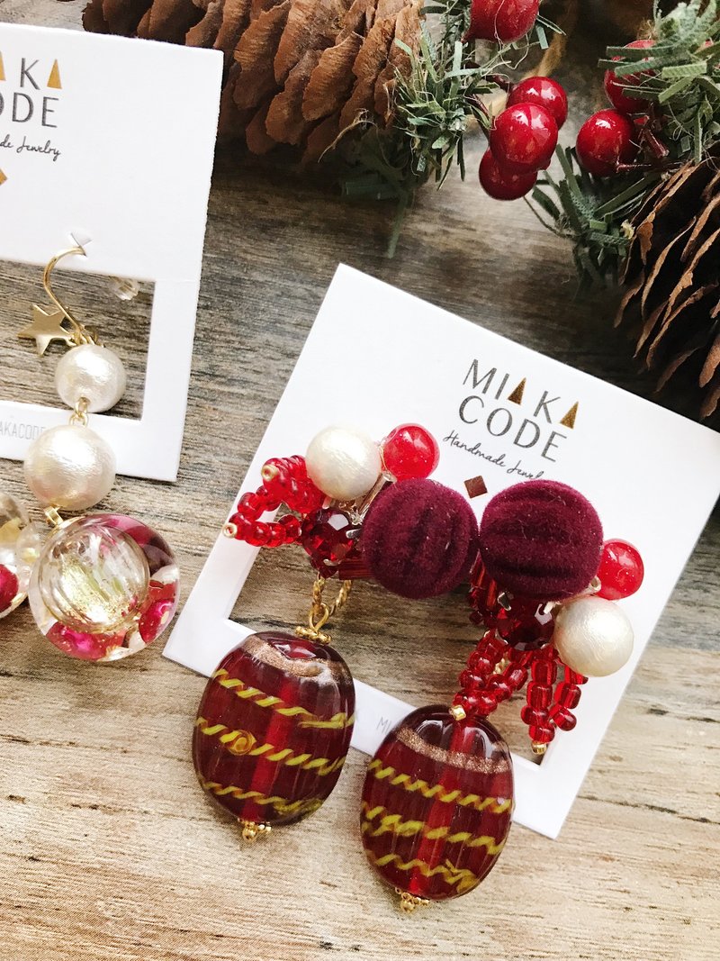 【酒红系列】手工串珠 棉棉珠 绒珠 玻璃珠 耳环/耳夹 - 耳环/耳夹 - 其他材质 红色