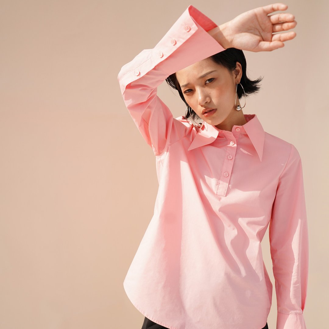 原创设计感简约纯棉珊瑚色喇叭袖纯色衬衫恤衫上衣 - 女装衬衫 - 棉 