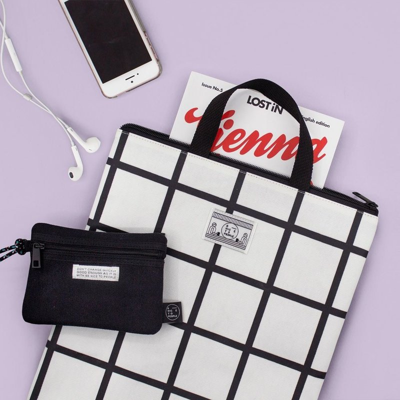 小人物日常文件手提电脑包L-白格子,BNP81994 - 手拿包 - 棉．麻 白色